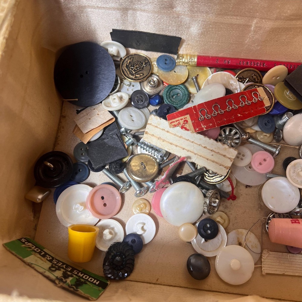 VTG Sewing Notions Lot with Antique Thread Spools, Buttons, Snaps & NO Basket - Picture 7 of 8